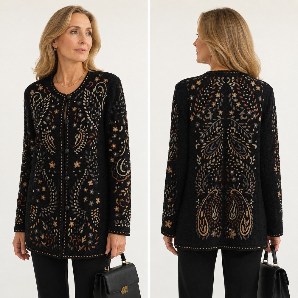 Linea Louis Dell'Olio Wool Blend Jacket XL Black Boho Embroidered Art to Wear